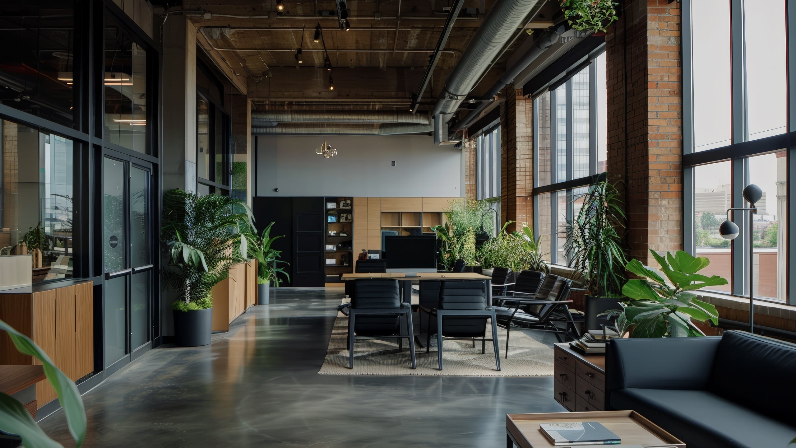 Bright, clean office interior featuring spacious windows, greenery accents, open layout, and modern furnishings with minimalist décor.